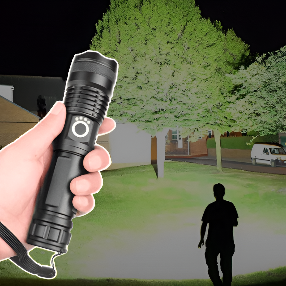 90000 Lumen LED Flashlight with Telescopic Zoom and Rechargeable Battery