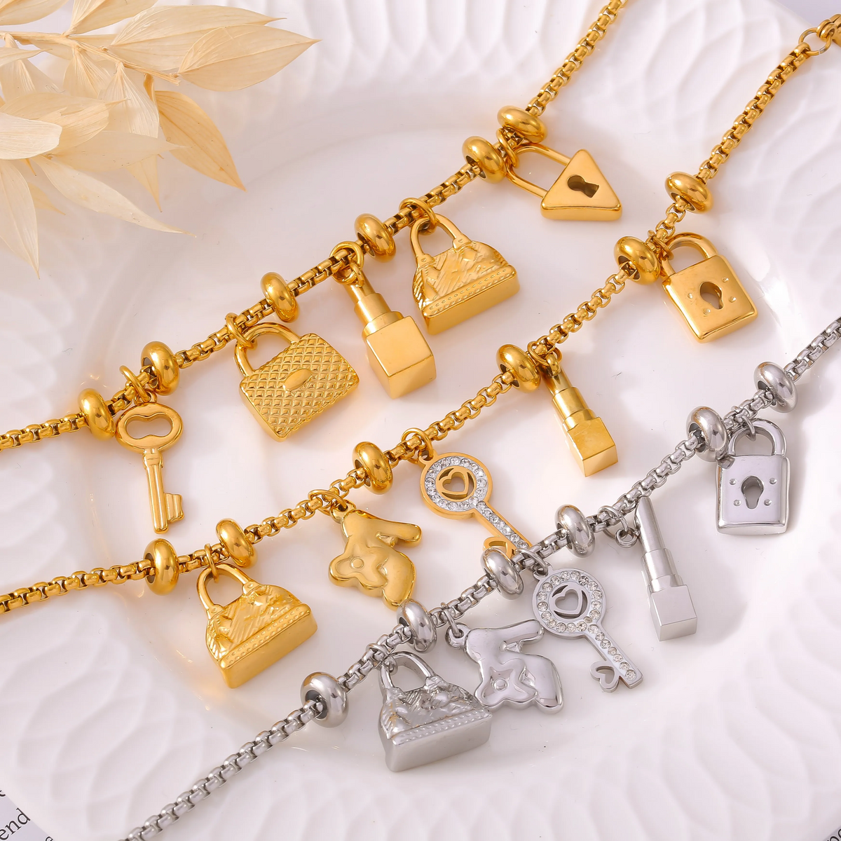 Charm Bracelet with Gold Plated Charms and Adjustable Stainless Steel Chain