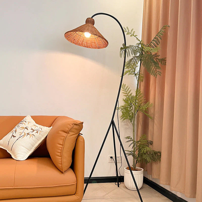 Bamboo Floor Lamp, Tripod Base with Woven Shade, Living Room Lighting