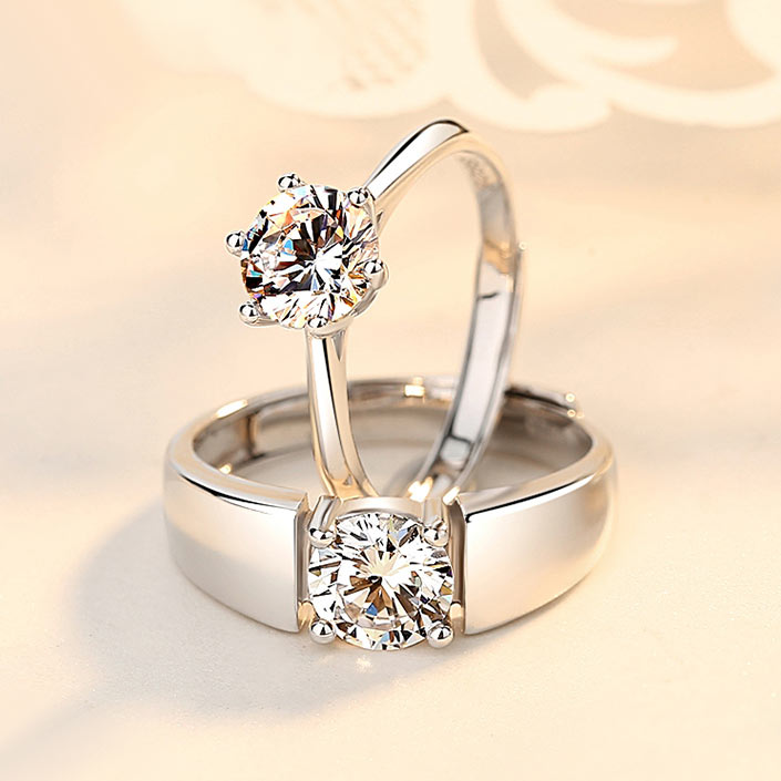 Cubic Zirconia Couple Rings with White Gold Plating and Custom Engraving