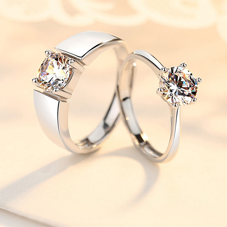Cubic Zirconia Couple Rings with White Gold Plating and Custom Engraving