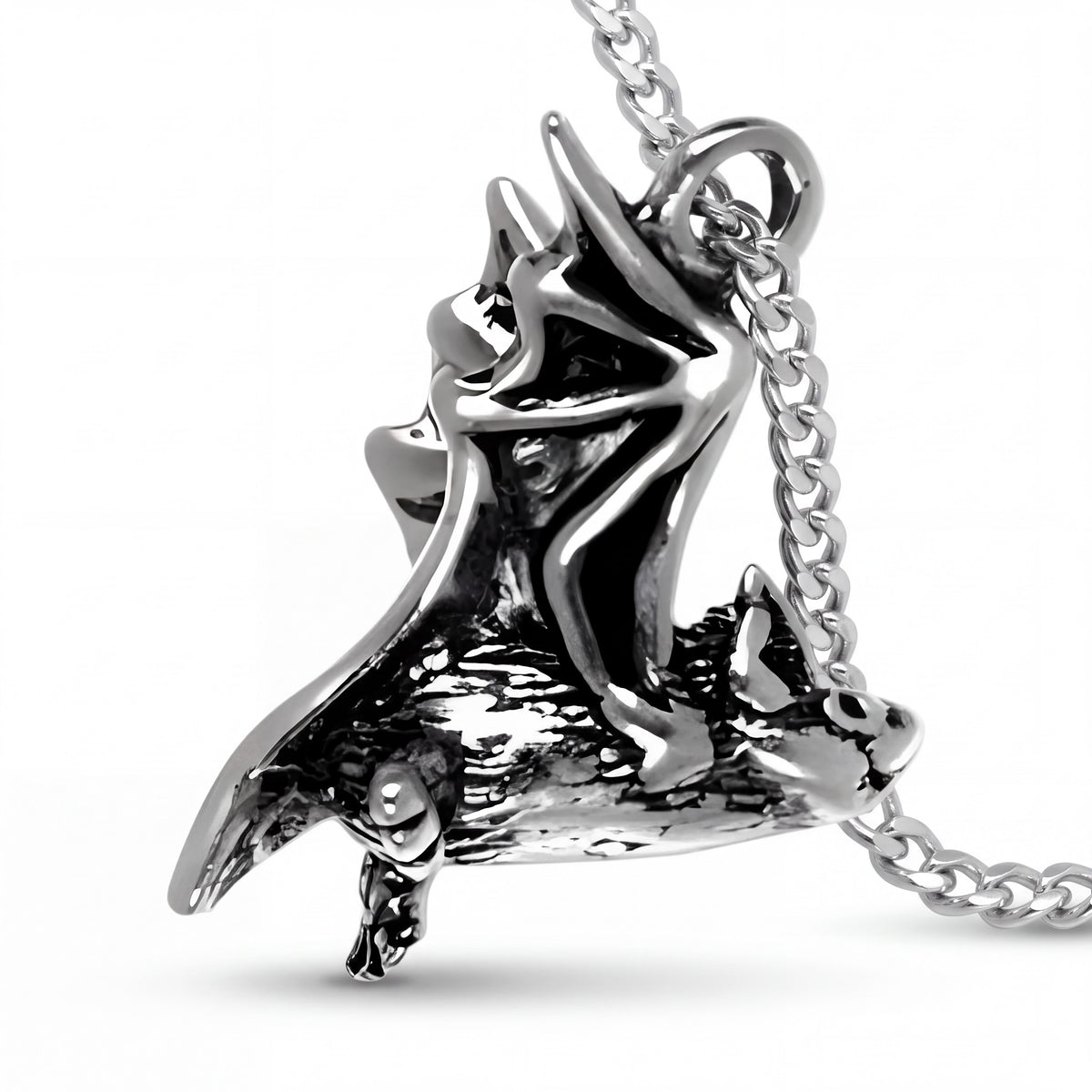 Bat Charm Pendant with Detailed Wings in Sterling Silver, 3 by 4 Inch