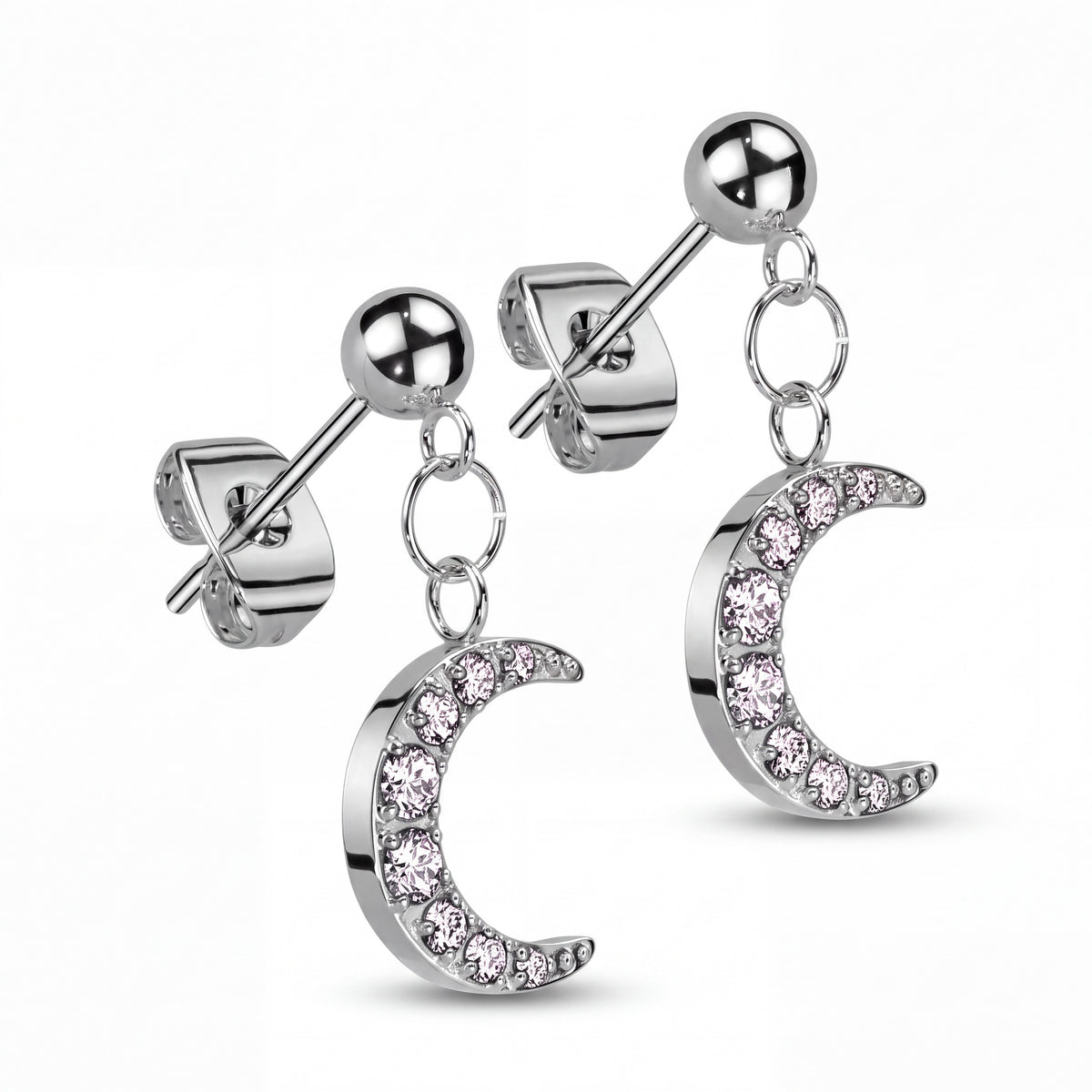 Crescent Moon Cubic Zirconia Stud Earrings with Hoop Top and Butterfly Backs