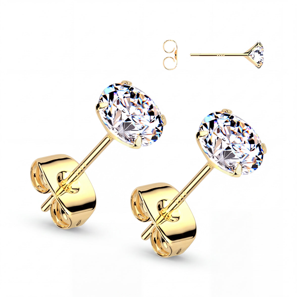 Cubic Zirconia Stud Earrings with Prong Setting and Surgical Steel Backs, 3-8mm