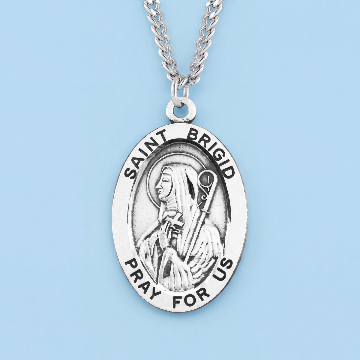 Sterling Silver Saint Brigid Medal Pendant with 24 Inch Stainless Steel Chain
