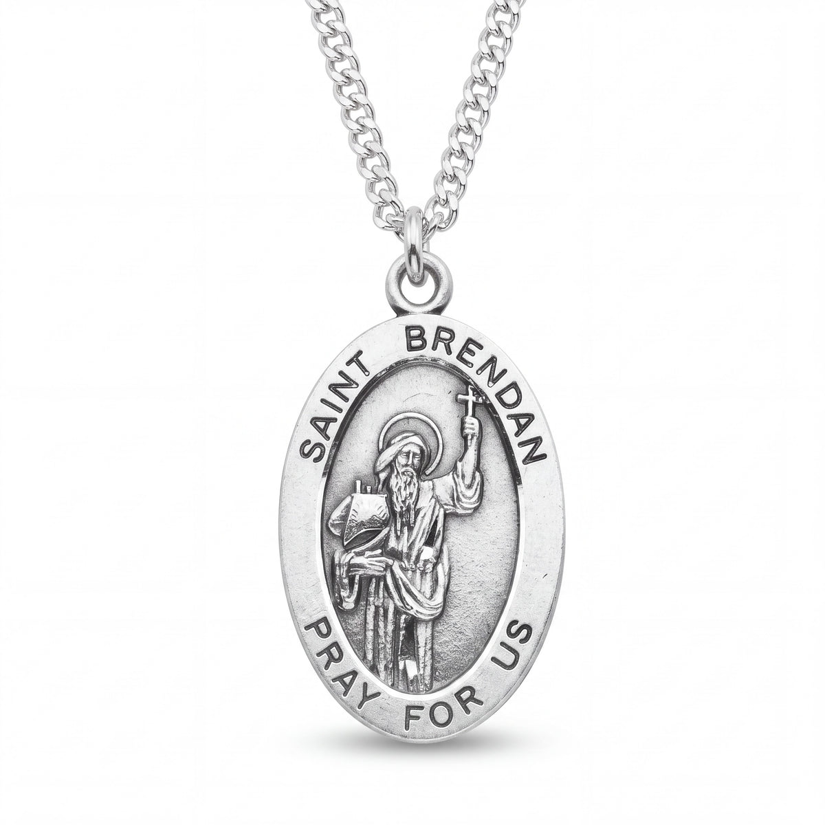 Sterling Silver Saint Brendan Medal Pendant with Curb Chain