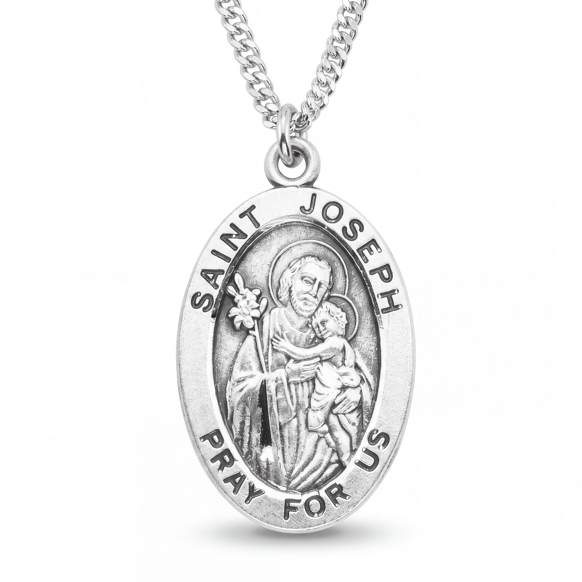 Oval Sterling Silver Medal Pendant with Saint Joseph Imagery and 20 Inch Chain