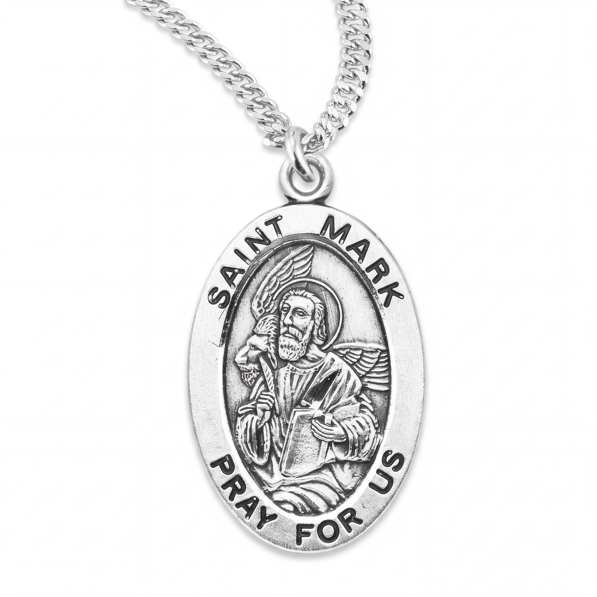 Sterling Silver Saint Mark Oval Medal with Winged Lion and 20 Inch Curb Chain