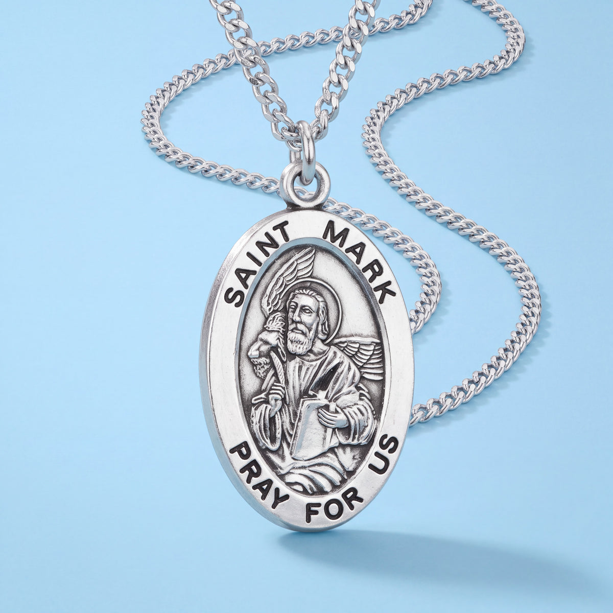 Sterling Silver Saint Mark Oval Medal with Winged Lion and 20 Inch Curb Chain
