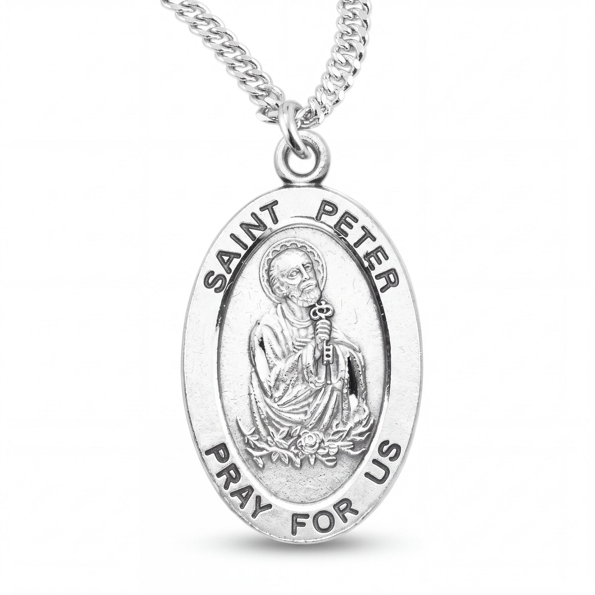Sterling Silver Saint Peter Medal Pendant with 20 Inch Chain and Gift Box