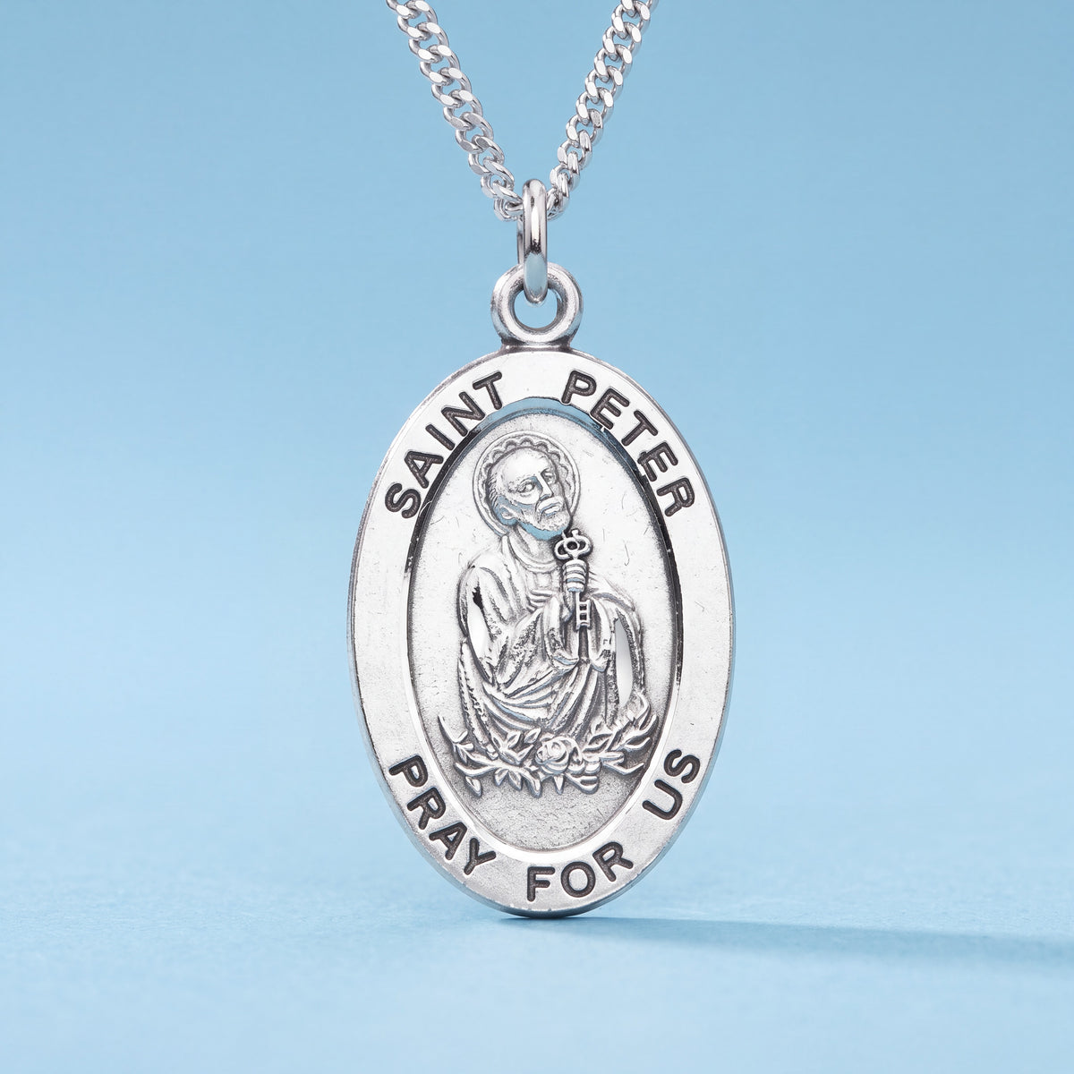 Sterling Silver Saint Peter Medal Pendant with 20 Inch Chain and Gift Box
