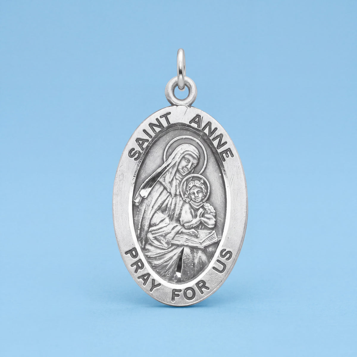 Oval Saint Anne Medal Pendant with Sterling Silver and Stainless Steel Chain