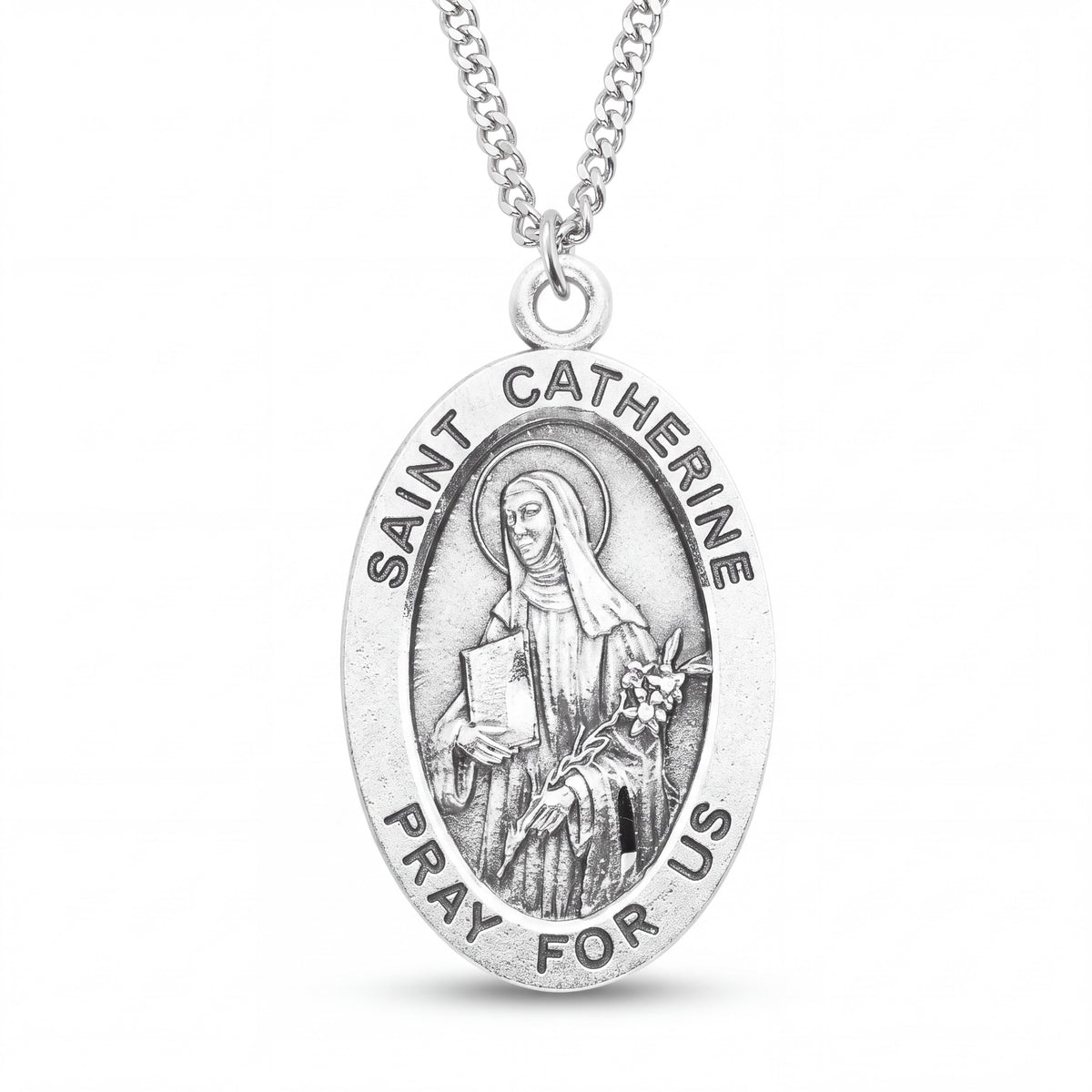 Oval Saint Catherine Medal Pendant with Sterling Silver and Stainless Steel Chain
