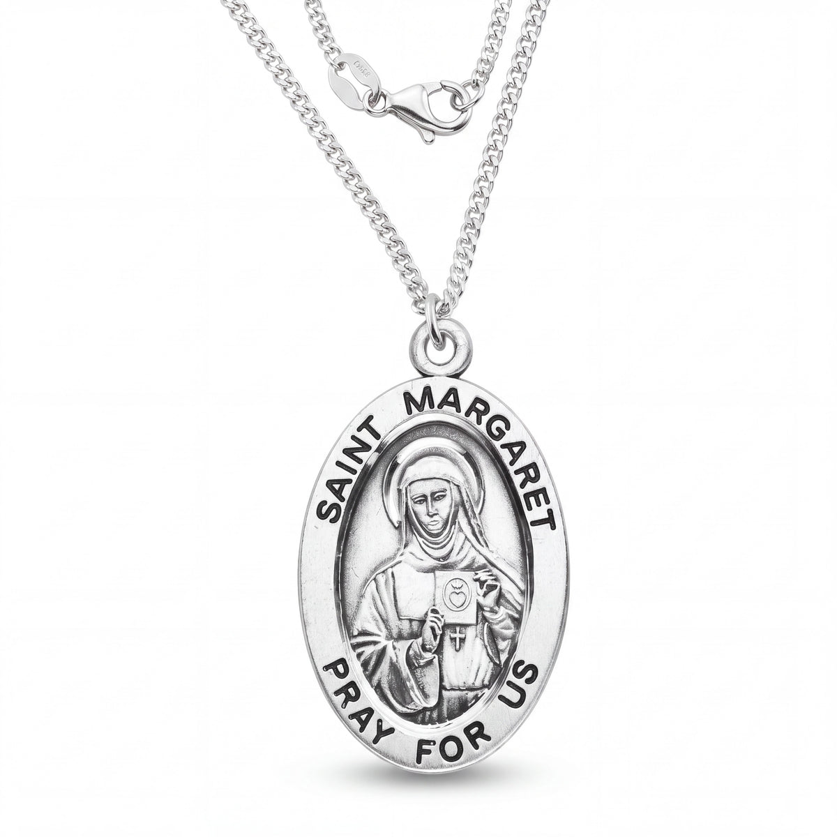 Saint Margaret Oval Medal Pendant with Sterling Silver and Stainless Steel Chain