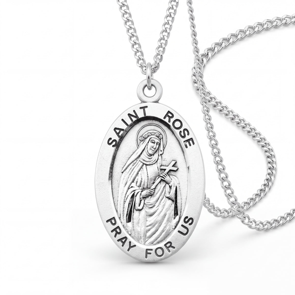 Oval Sterling Silver Saint Rose Medal Pendant with 18 Inch Chain