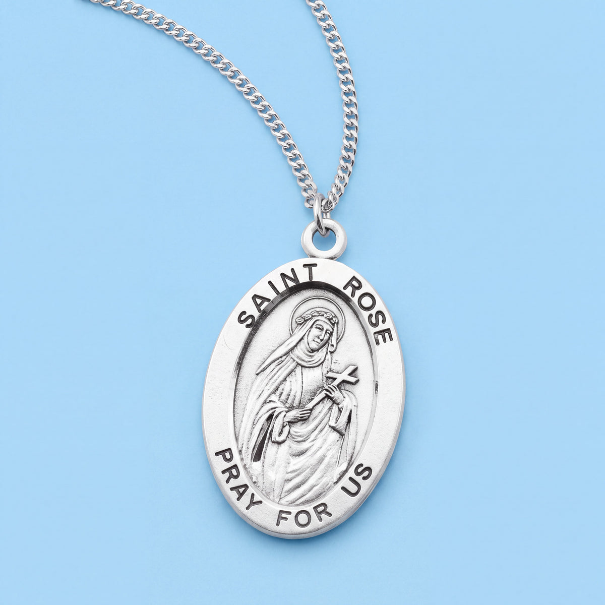 Oval Sterling Silver Saint Rose Medal Pendant with 18 Inch Chain