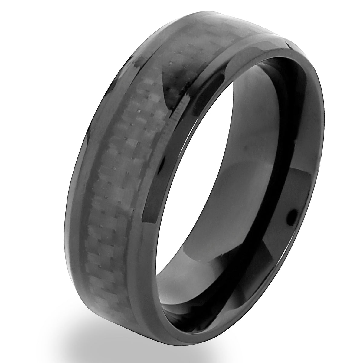 Black plated steel band ring with textured inlay