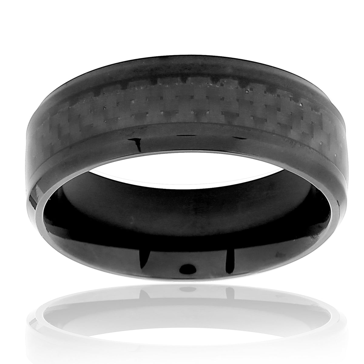 Black plated steel band ring with textured inlay