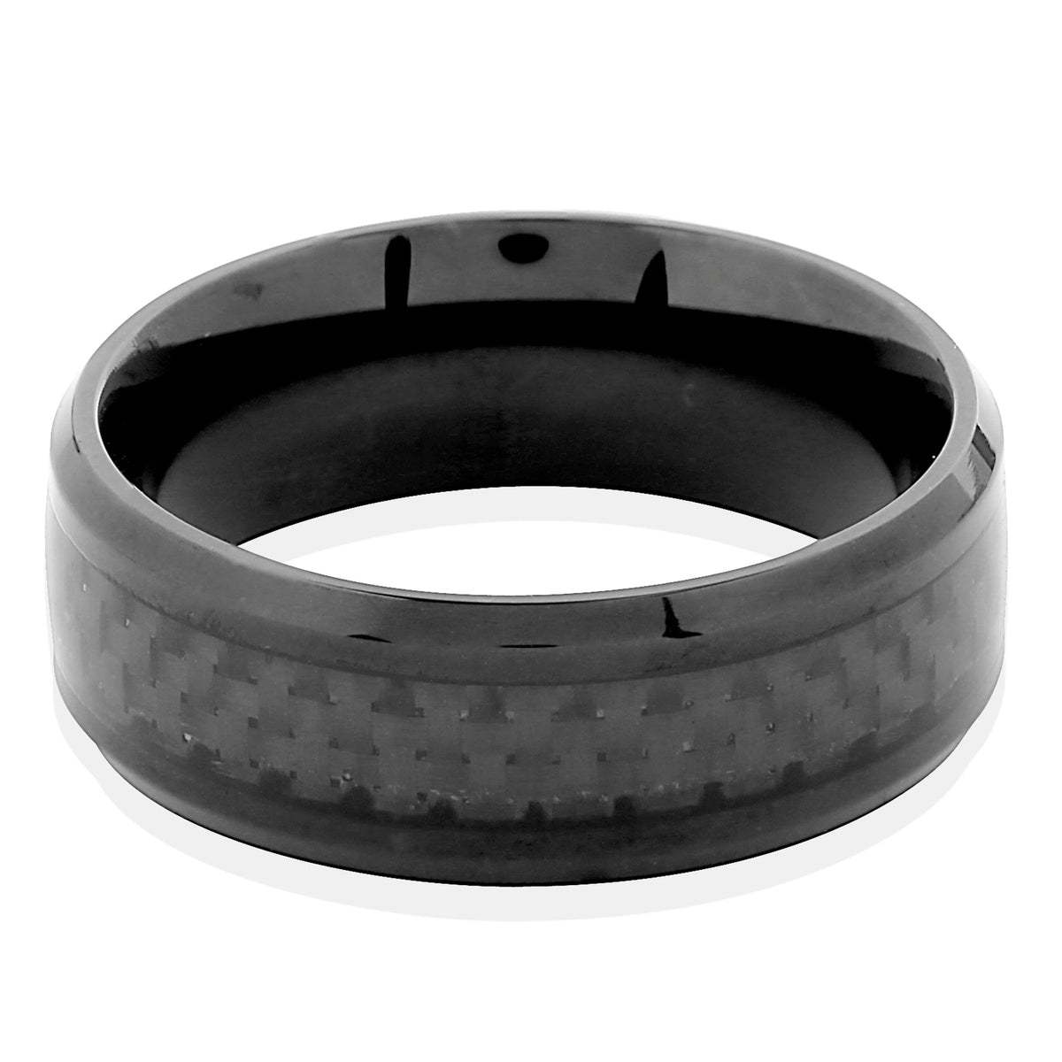 Black plated steel band ring with textured inlay