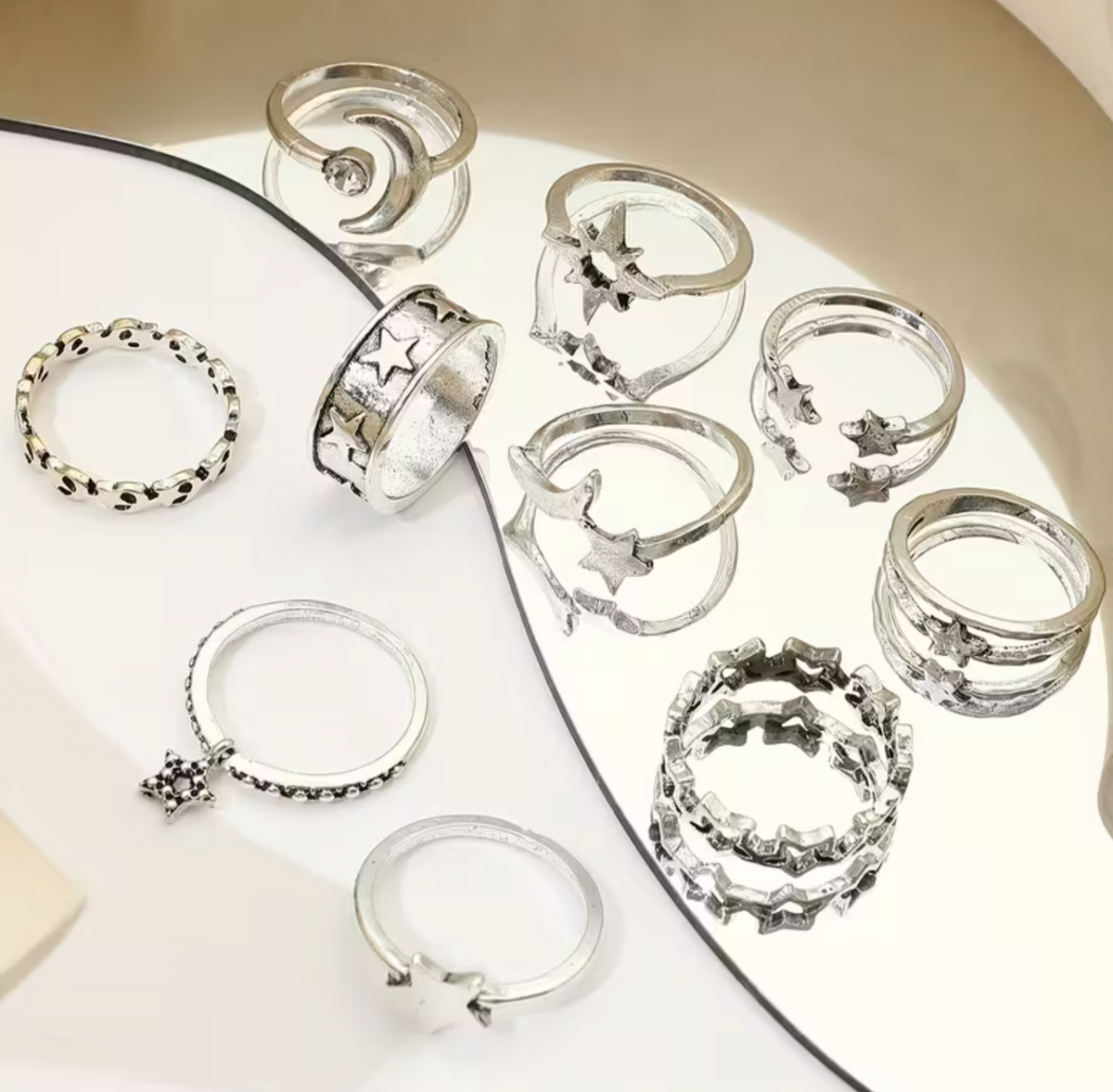 Metal Ring Set with Moon and Star Design, 10 Pieces