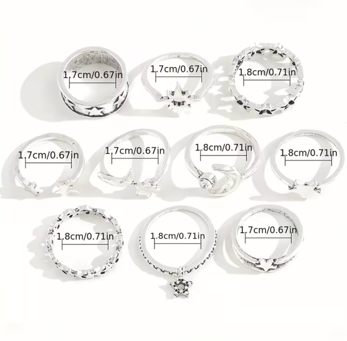 Metal Ring Set with Moon and Star Design, 10 Pieces