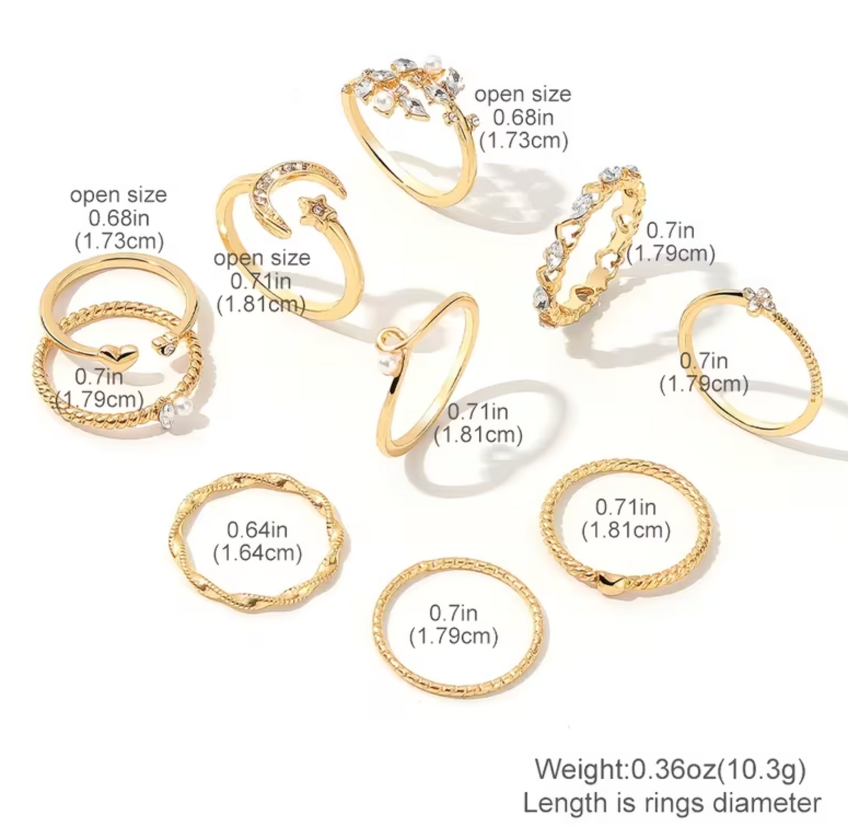 10 Piece Vintage Alloy Rings with Rhinestone Details and Elegant Design