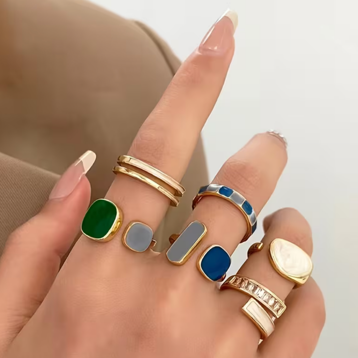 Adjustable Zirconia Rings Set of 6 with Open-End Design and Geometric Patterns