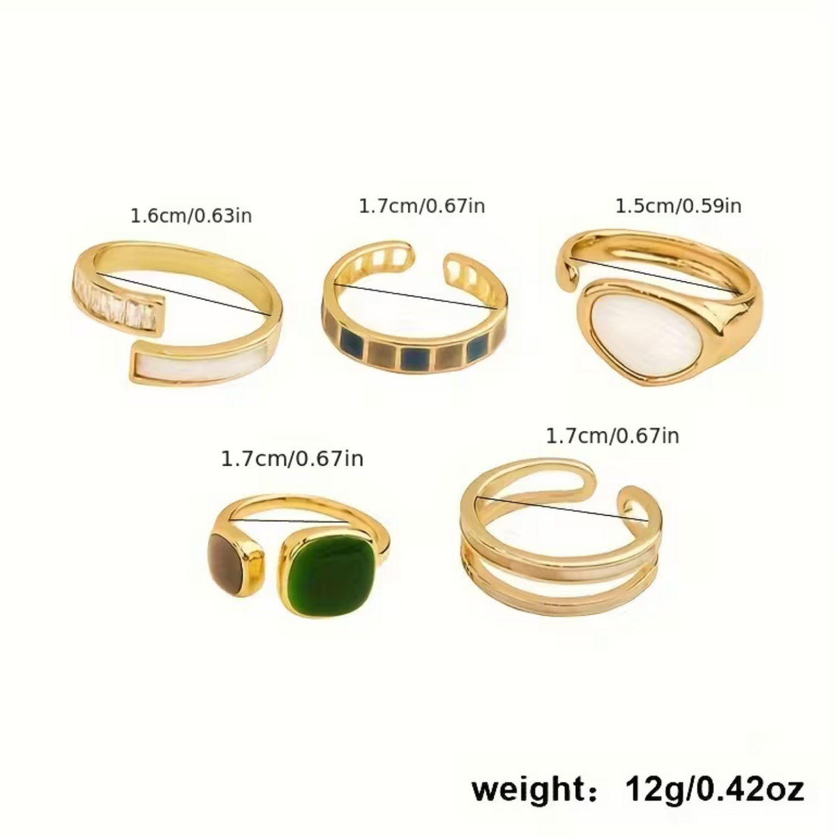 Adjustable Zirconia Rings Set of 6 with Open-End Design and Geometric Patterns
