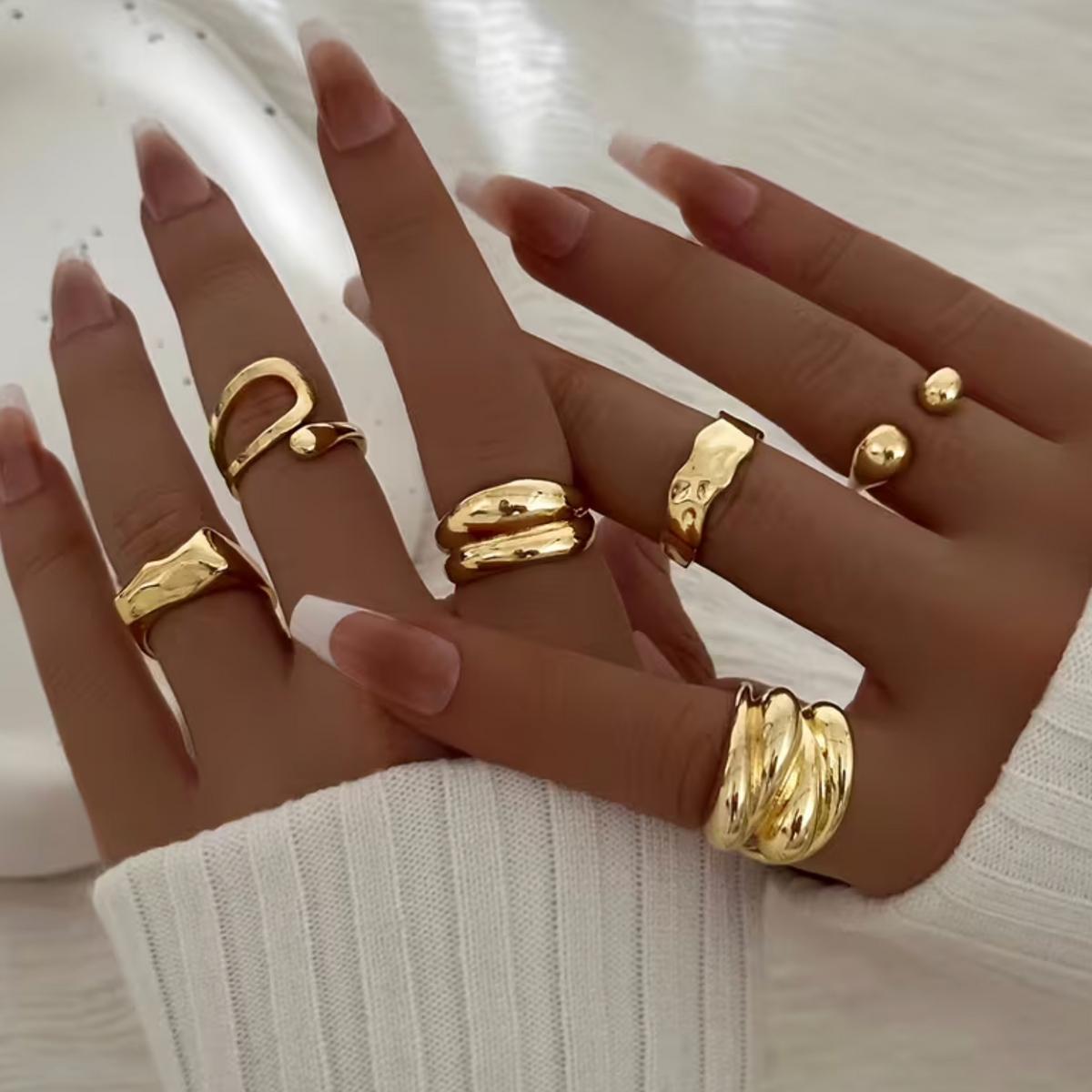 Stackable Ring Set with Wide Band and Statement Designs, 6-Piece