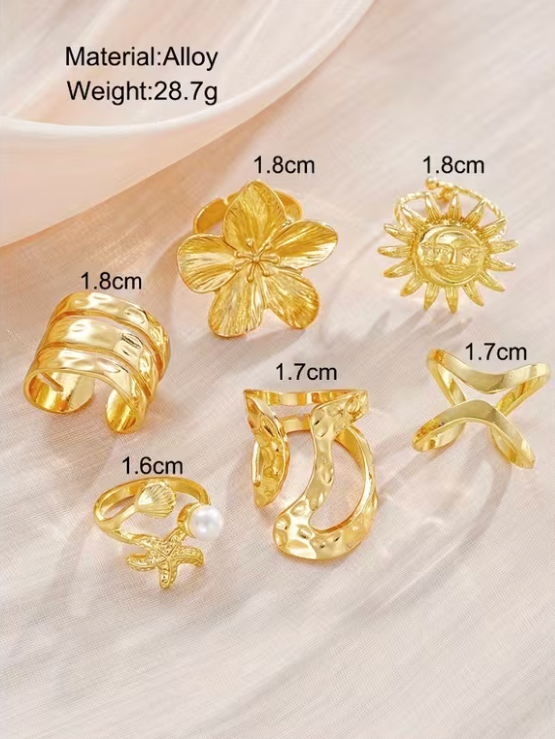 Women's Stackable Rings Set with Starfish and Sunflower Motifs, Golden Tone
