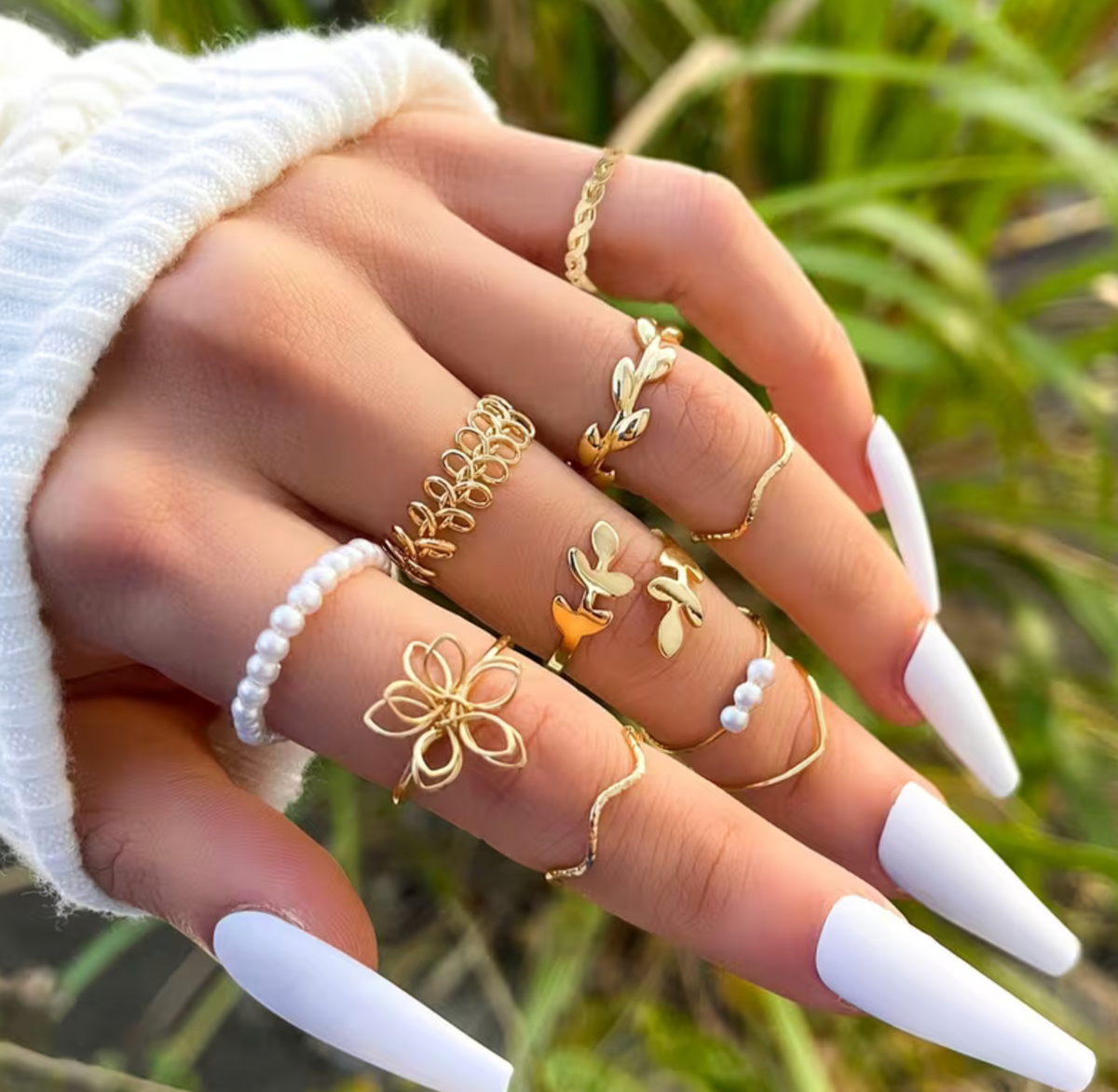 Leaf Design Ring Set with Zinc Alloy, 10-Piece Fashion Collection