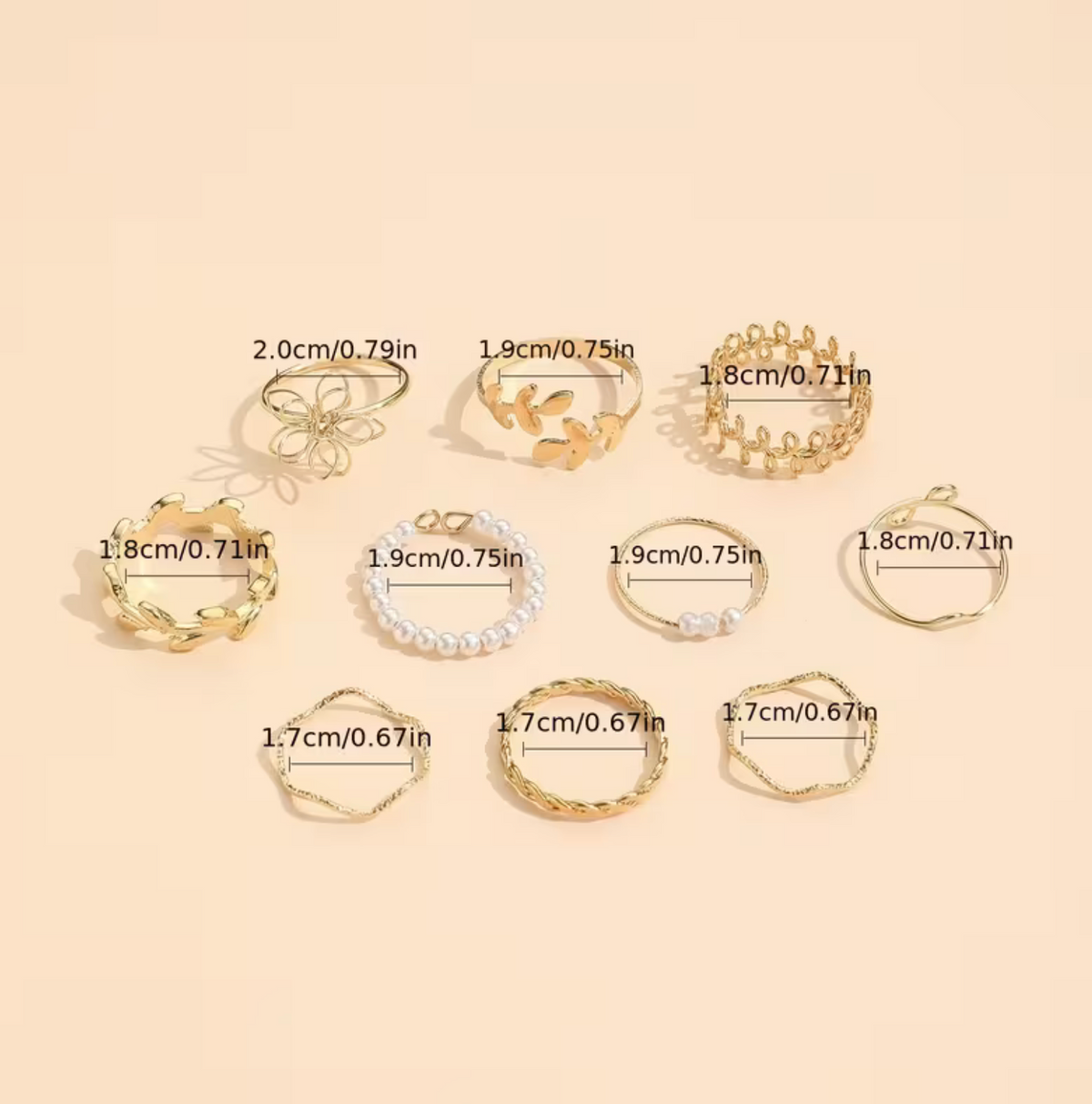 Leaf Design Ring Set with Zinc Alloy, 10-Piece Fashion Collection