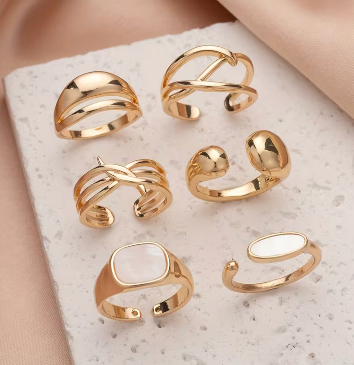 Adjustable Geometric Ring Set with Hollow Pattern Design, 6-Piece