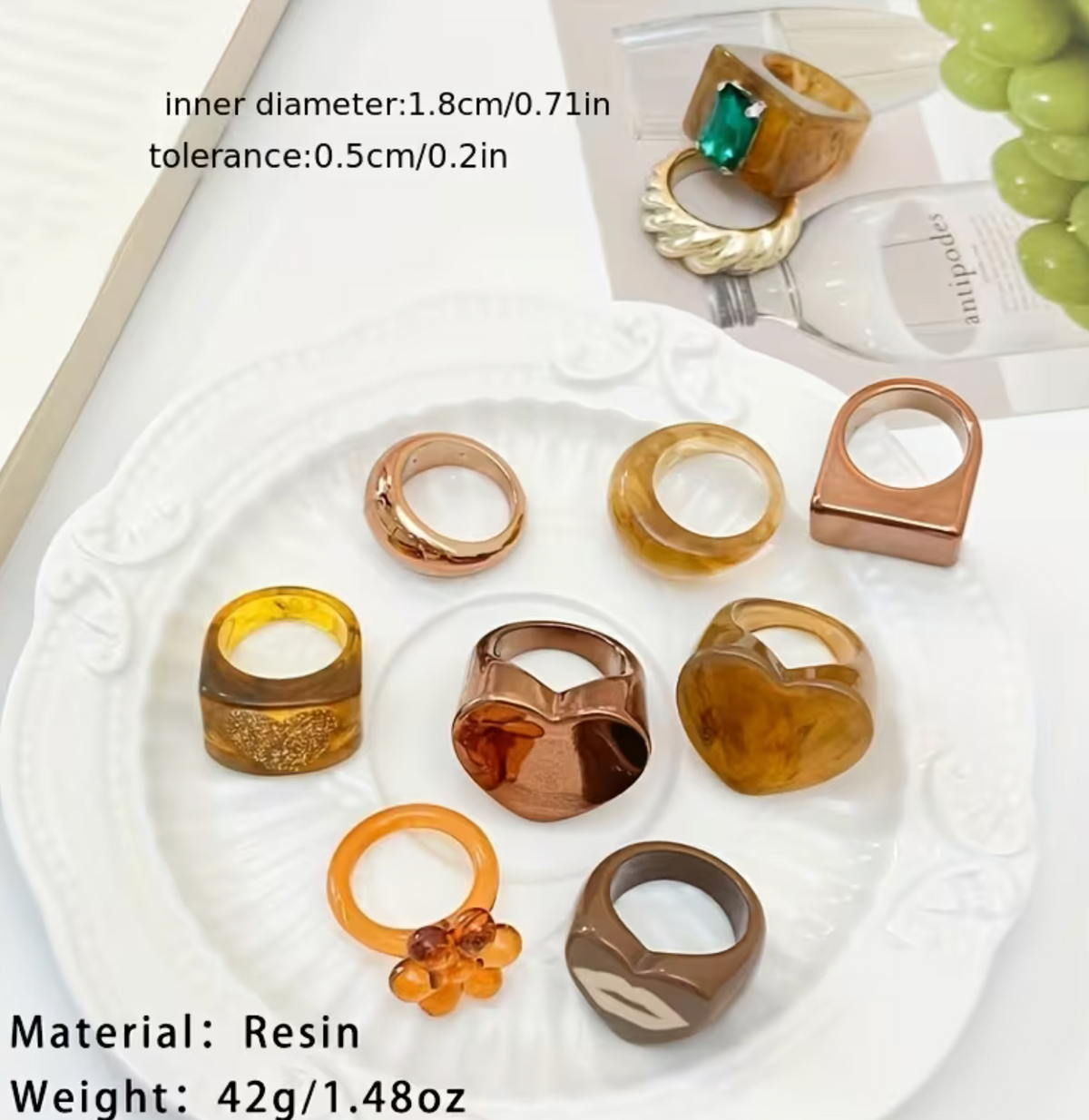 Resin Ring Set with Assorted Designs and Stackable Style, 10 Pieces