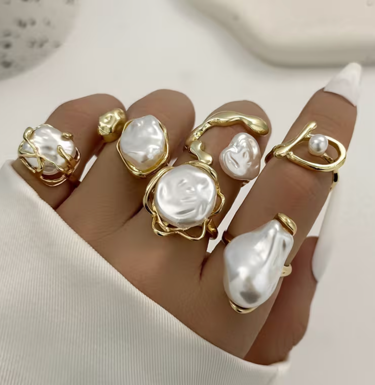 Wide Band Pearl Accent Ring Set, 6-Piece Stackable Collection