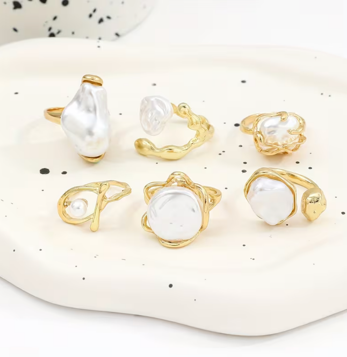 Wide Band Pearl Accent Ring Set, 6-Piece Stackable Collection