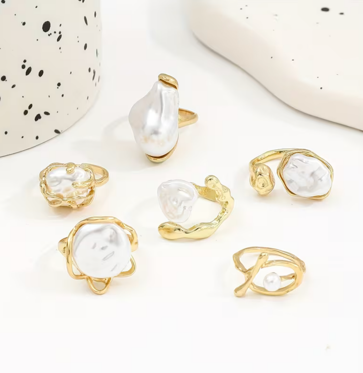 Wide Band Pearl Accent Ring Set, 6-Piece Stackable Collection