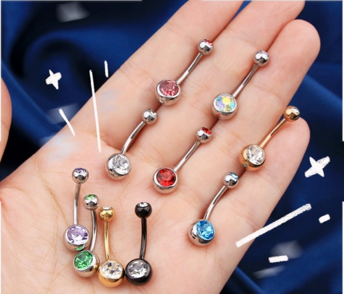 Curved Barbell Belly Button Rings 14G with Crystal Ball Accents and Multiple Colors, 10-Pack