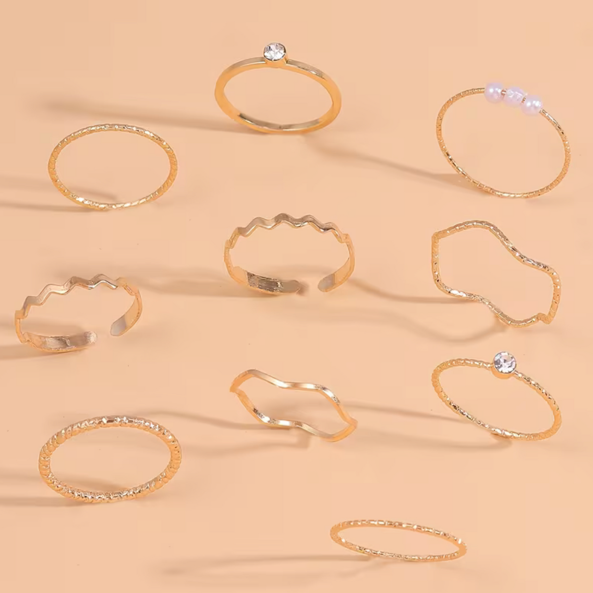 10-Piece Stackable Ring Set with Geometric Band Design and Plain Finish