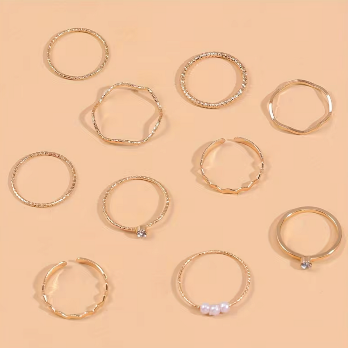 10-Piece Stackable Ring Set with Geometric Band Design and Plain Finish