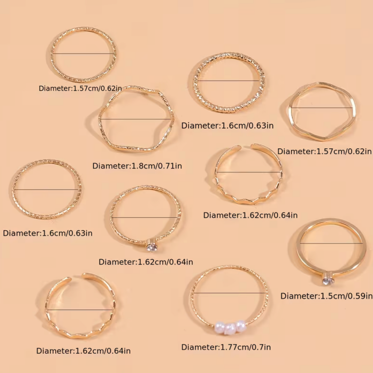 10-Piece Stackable Ring Set with Geometric Band Design and Plain Finish