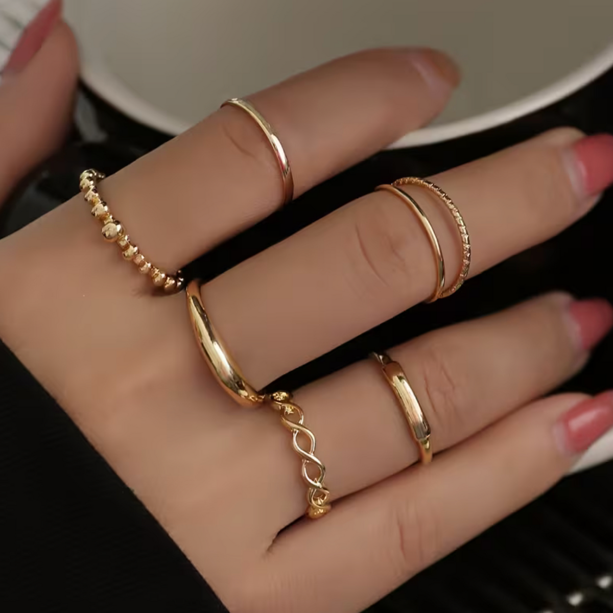 Twisted Double-Layer Ring Set with Stacking Design for Women, 6 Pieces