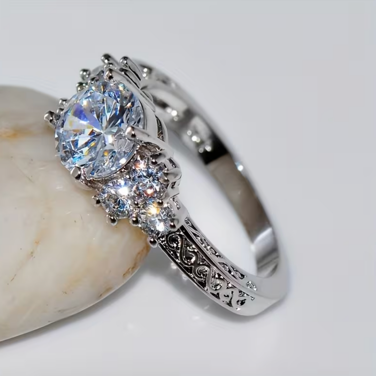 Round Synthetic Zirconia Ring with Four-Prong Setting for Engagement and Wedding