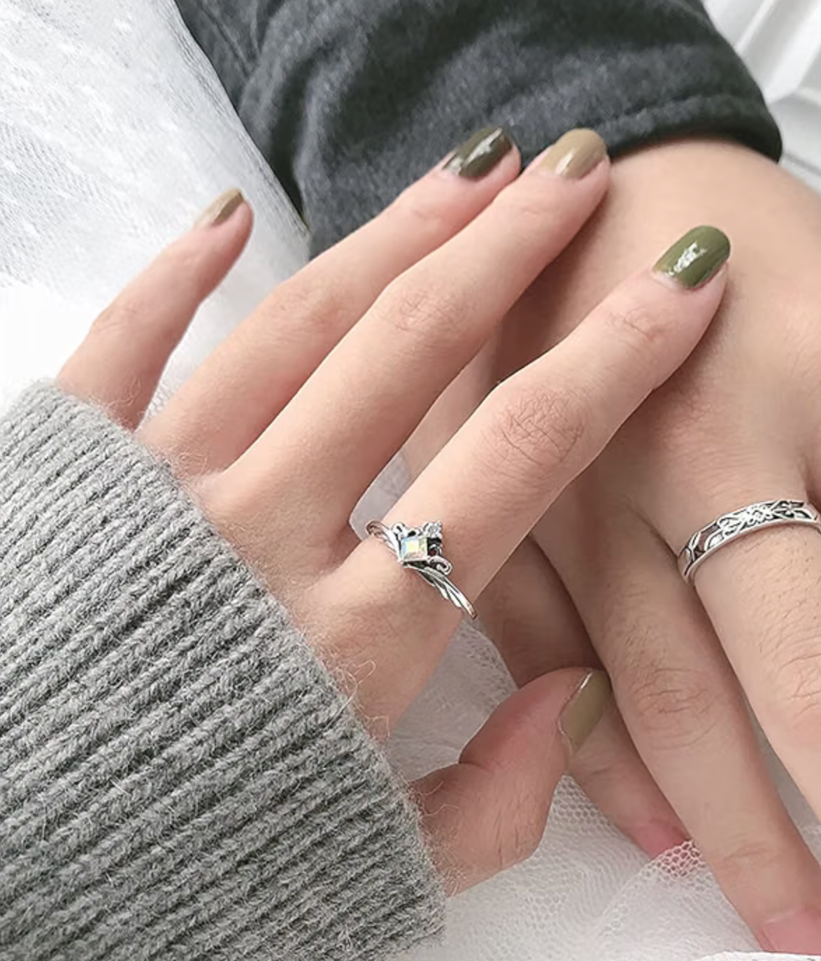 Adjustable Couple Rings with Opal Accents and Silver-Tone Plating, Mid Century Design
