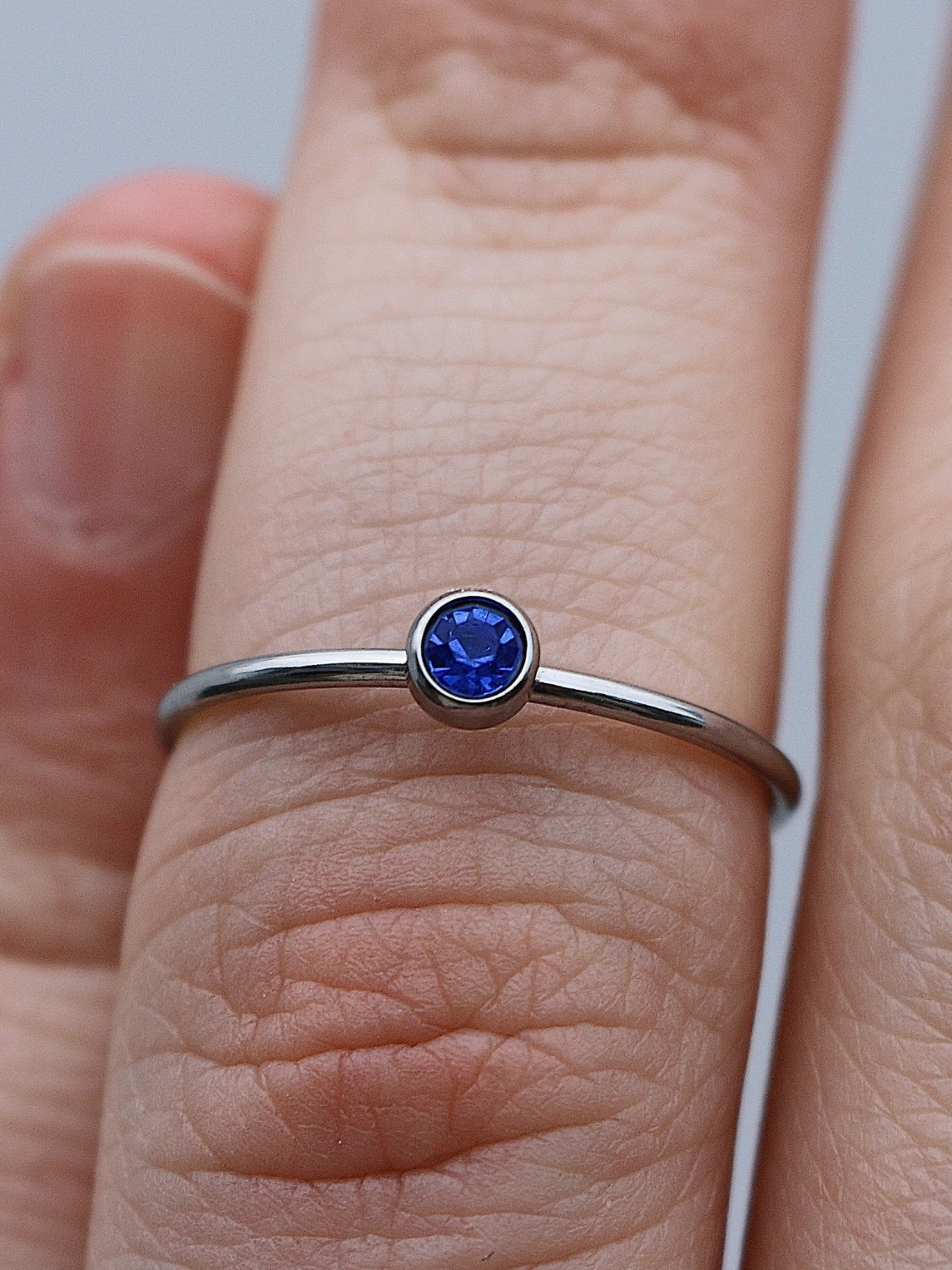 Blue Cubic Zirconia Stacking Ring with Thin Stainless Steel Band, Silver Minimalist