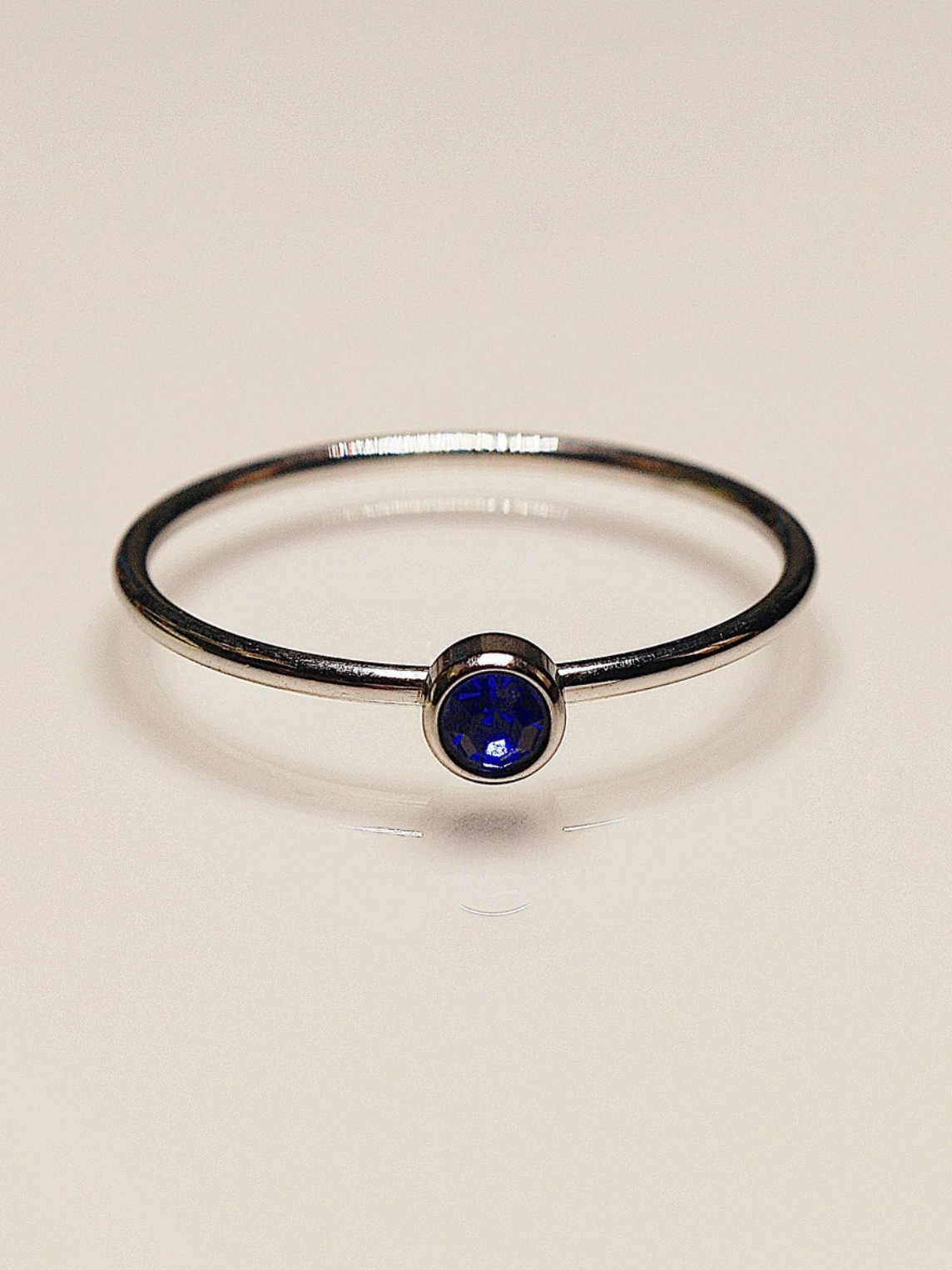 Blue Cubic Zirconia Stacking Ring with Thin Stainless Steel Band, Silver Minimalist
