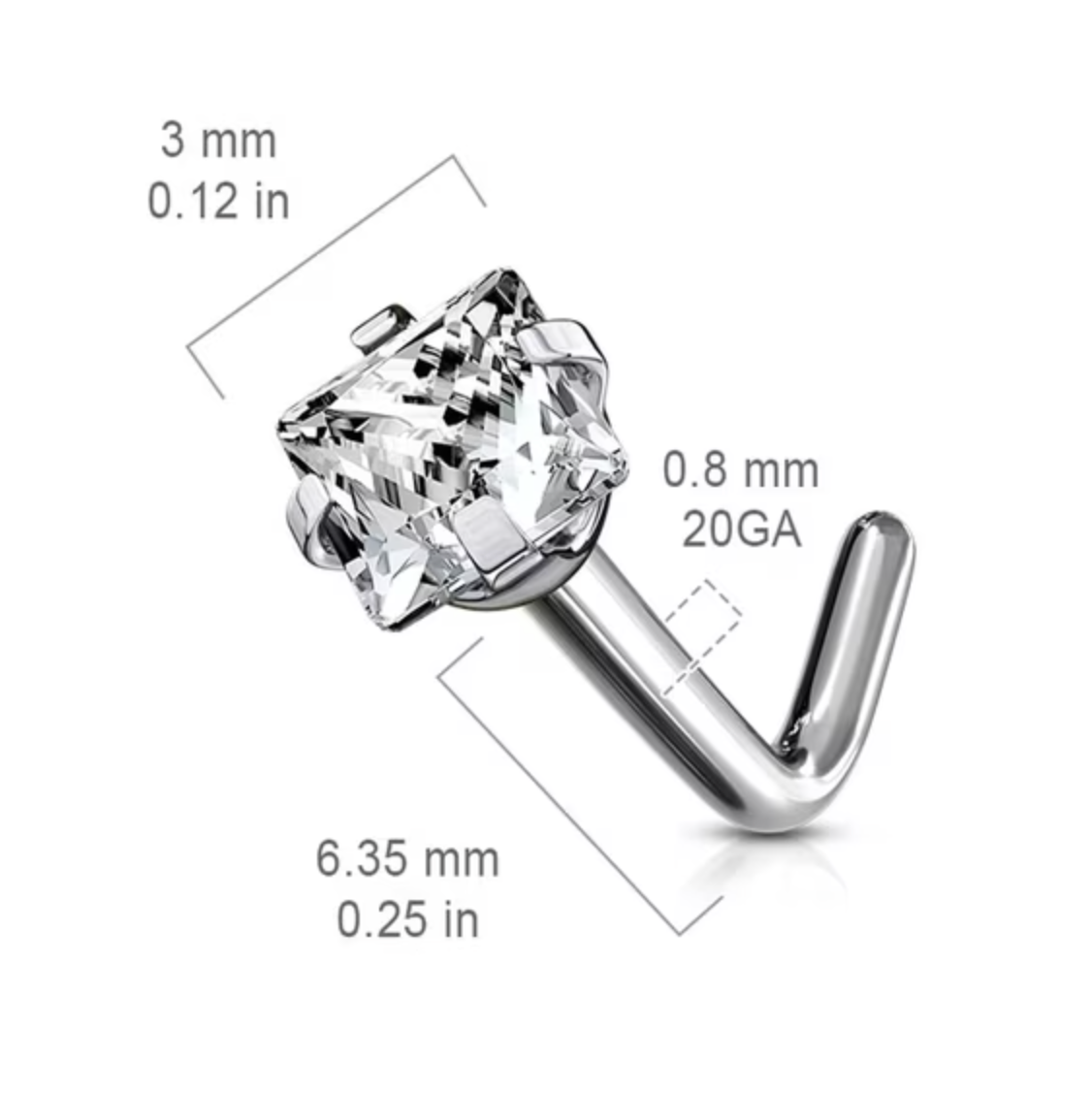 Square Cubic Zirconia L Bend Nose Stud with Titanium Prong Setting, Nickel-Free