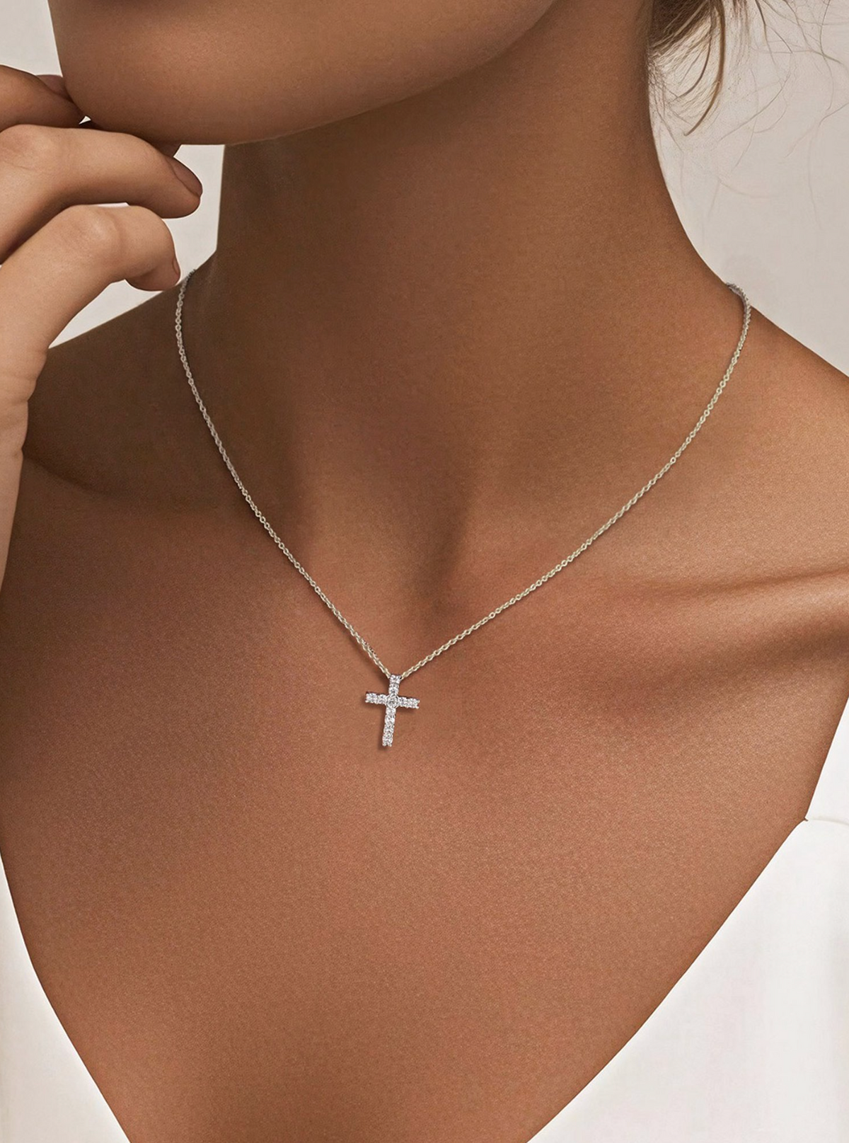 Stainless Steel Cross Pendant Necklace with Cubic Zirconia, Adjustable 16in Chain