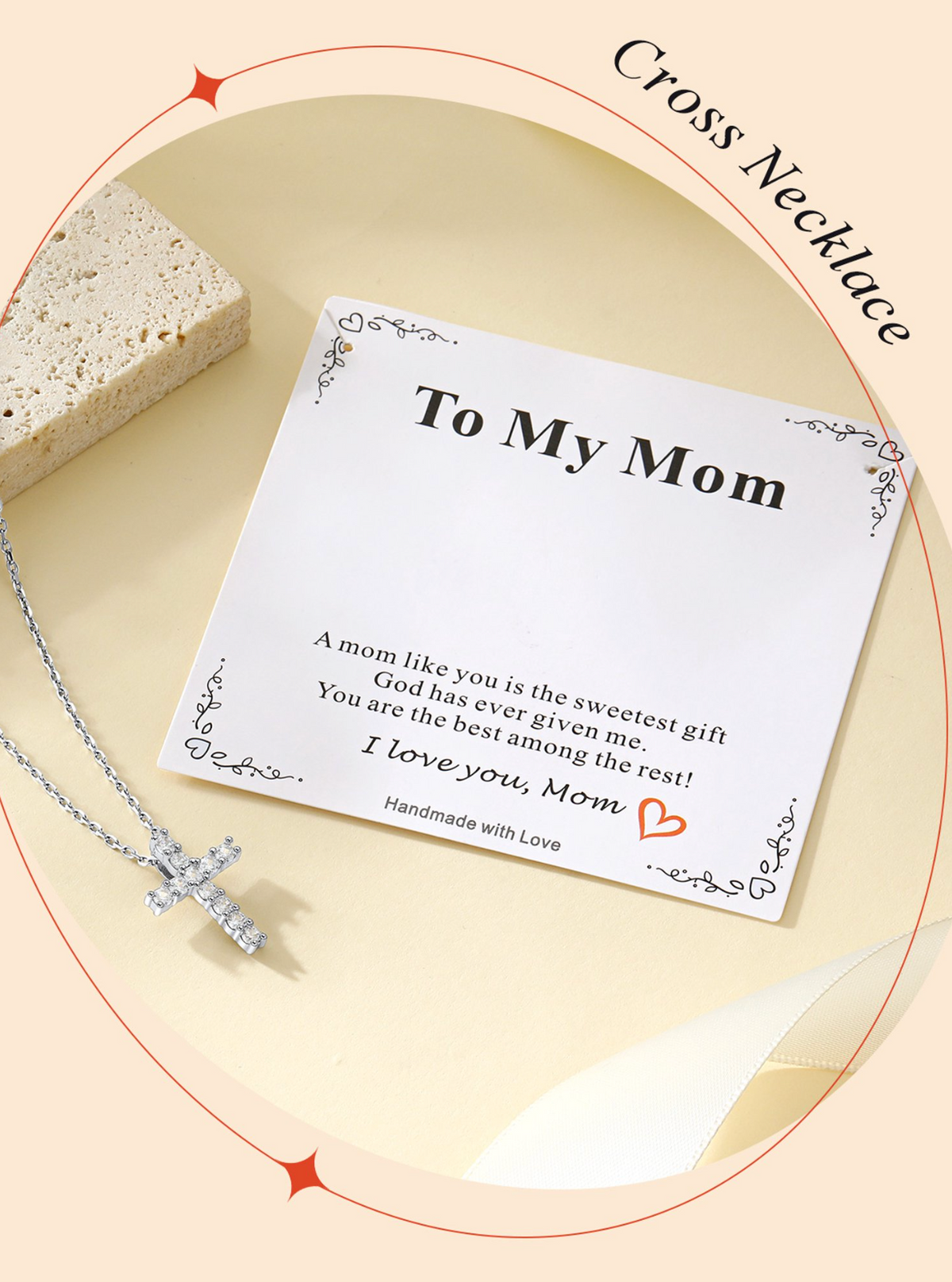 Stainless Steel Cross Pendant Necklace with Cubic Zirconia, Adjustable 16in Chain
