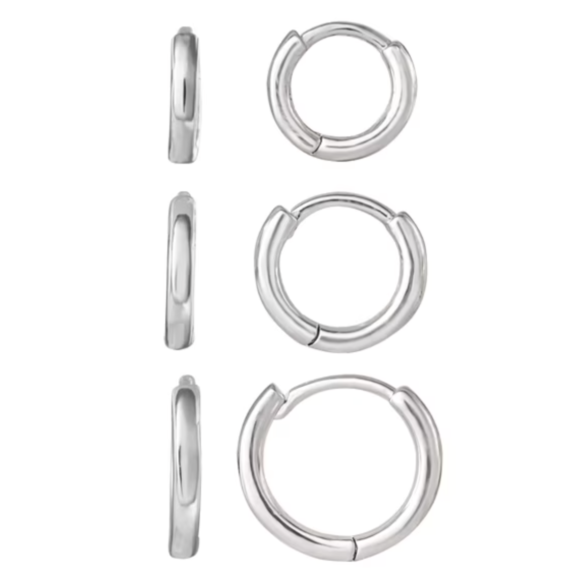 Polished Hoop Earring Set with Silver Plated Brass and Hinge-Back Closure, 3 Pairs